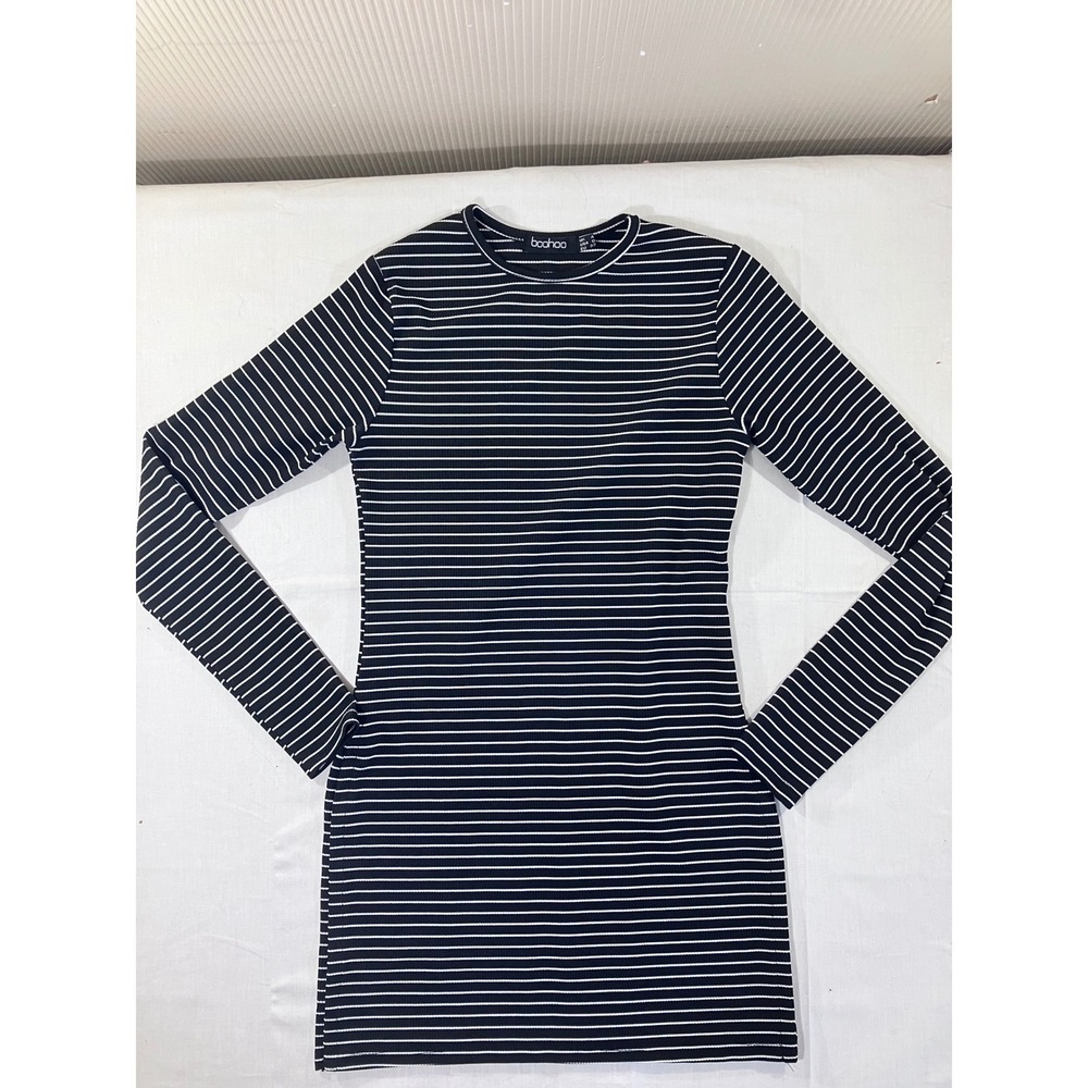 Boohoo Black White Striped Long Sleeve T Shirt Top Size UK 4 US 0‎